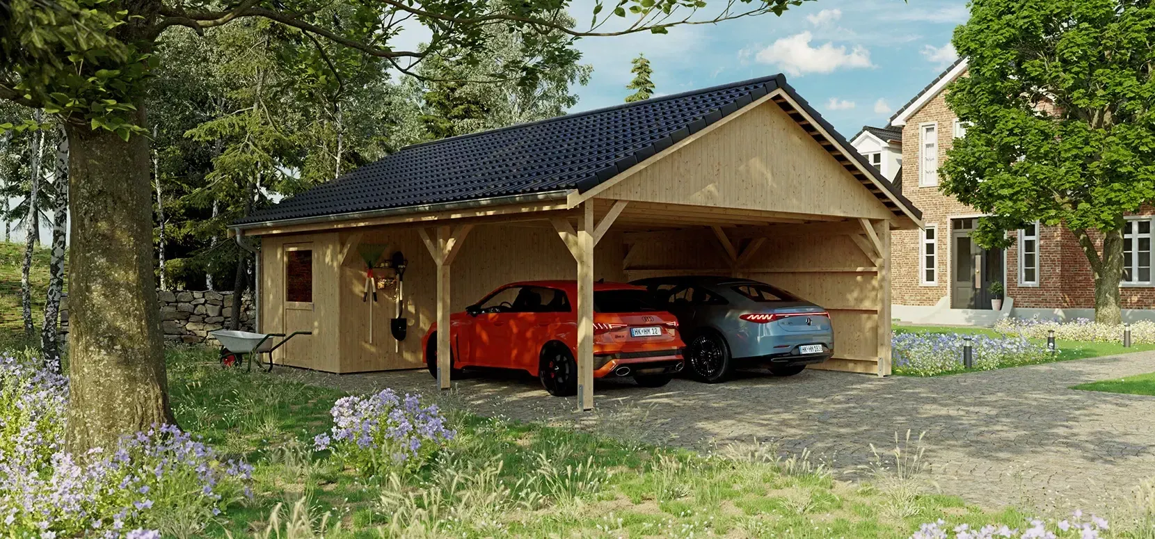 Satteldach-Carport aus Holz mit Geräteraum