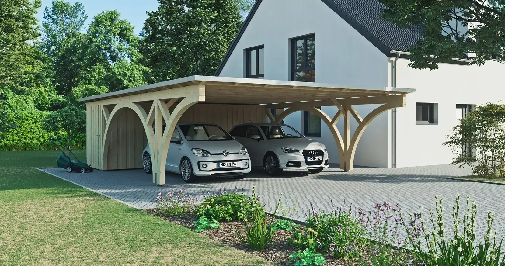 Design-Carport mit Leimholzbögen für zwei PKW